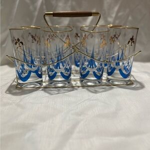 Vintage Elegant Gold and Blue Glass Set with Holder